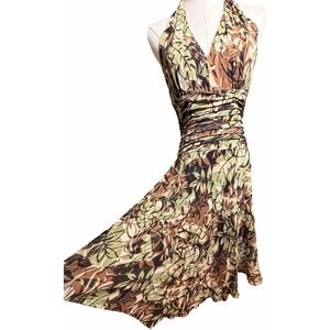 Vintage Donna Ricco Silk Chiffon Midi Dress 4 Green 90s Ruched Fairy Halter Y2K